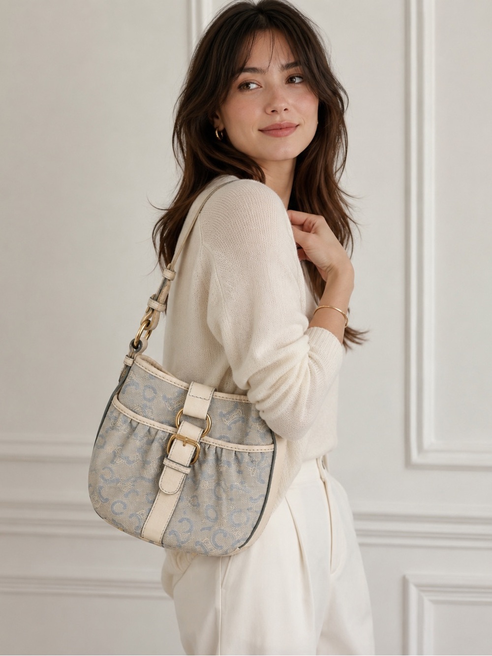 Vintage Celine Macadam Small Blue Denim Cream Canvas Leather
